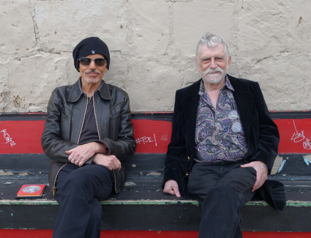 Billy Bob Thornton and Rocky Frisco sitting on the old bench behind Cain's